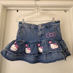 Hello Kitty Sanrio Womens Denim Pockets Ruffle Sequin Bling Mini Skirt Size L